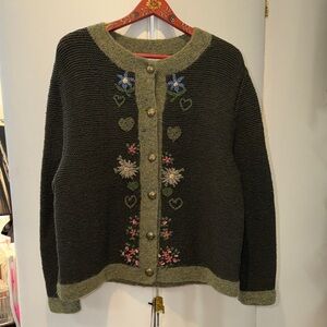 Embroidered Button-Up Cardigan - Forest Green